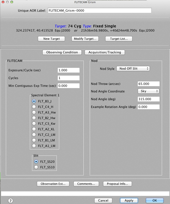 AOR parameters for a \"Nod Off Slit\" spectroscopic observation