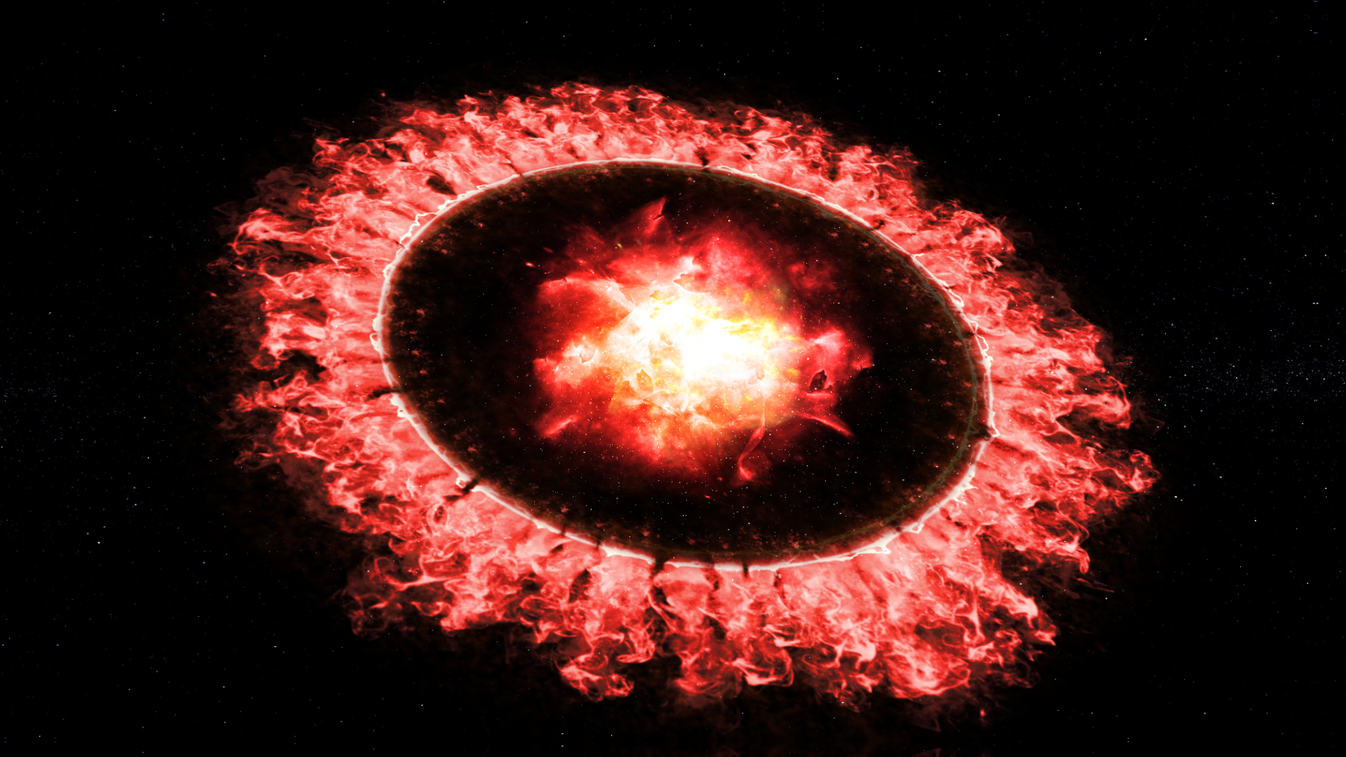 Illustration of Supernova 1987A as a powerful blast wave passes an outer ring destroying much of the dust, which re-forms. Artist's concept illustrating Supernova 1987A