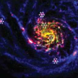 Image of M101 with pointings from SOFIA/GREAT shown as white circles and squares