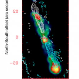 Map of Cepheus E showing jets of material flowing to the upper left and lower right