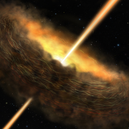Illustration of Cygnus A galaxy showing dusty surroundings, jets, and magnetic fields trapping dust