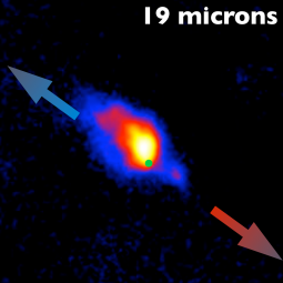 The massive forming star Cepheus A shown at three infrared wavelengths of 8, 19 and 37 microns.