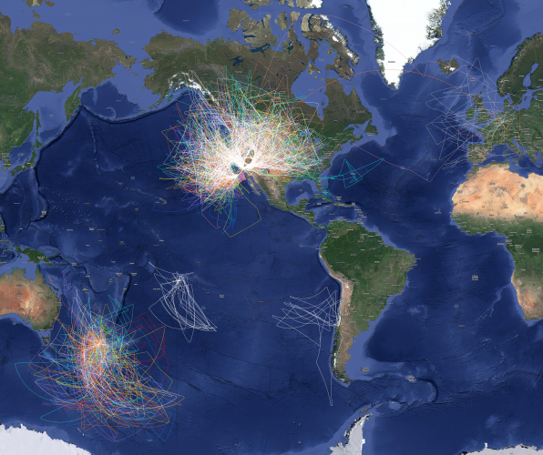 Map of the world showing SOFIA flight paths in various colors according to cycle number