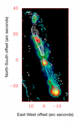 Map of Cepheus E emphasizing the jets of material flowing to the upper left and lower right from the protostar.