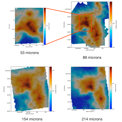 Images taken at multiple wavelengths showing the dust and the magnetic fields in 30 Doradus