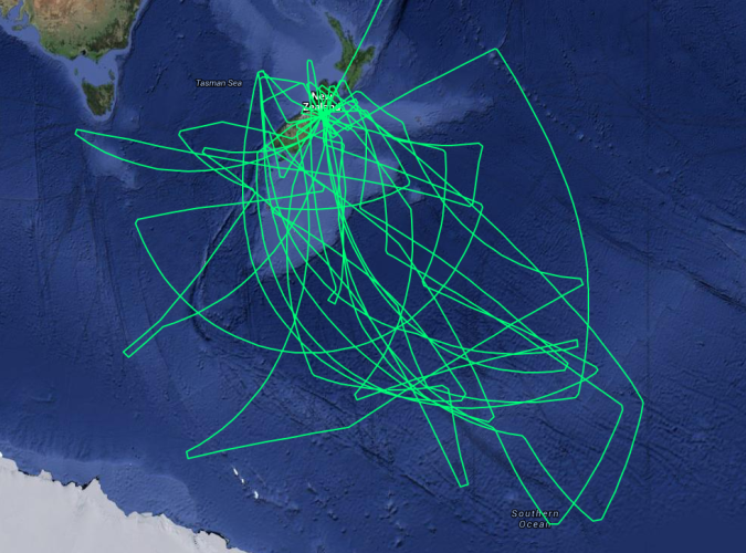 Composite photo of SOFIA's flight paths during the 2015 Southern Deployment