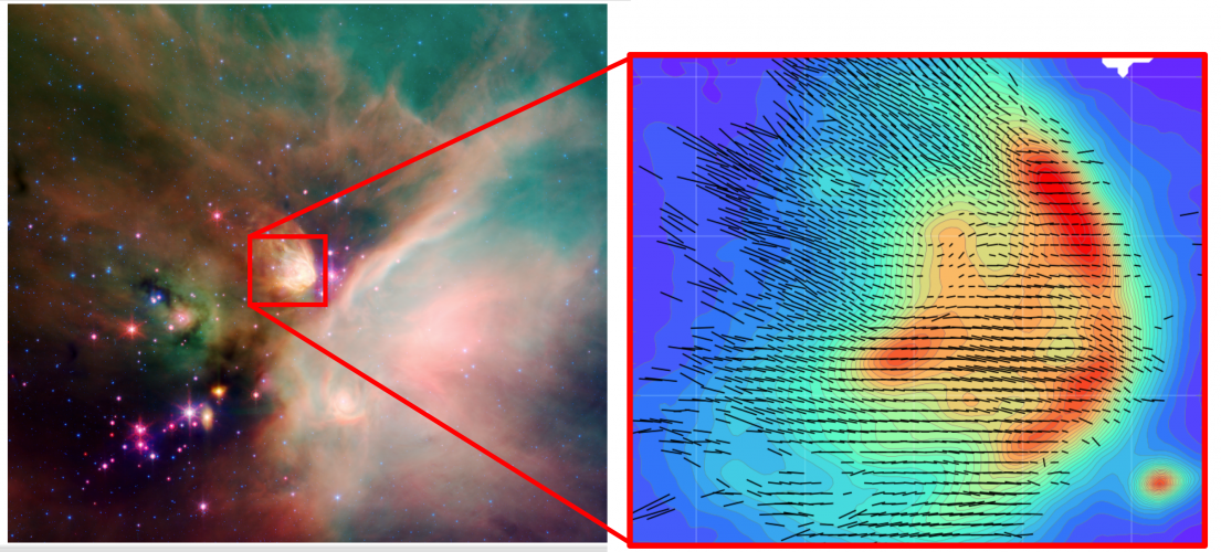 NASA Spitzer image showing the portion of the Rho Oph dark cloud observed and HAWC+ image showing systematic variations in the polarization.