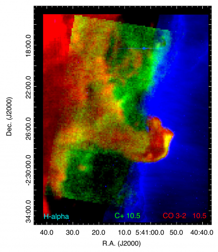 The Horsehead Nebula is shown in red and green against the surrounding cold molecular cloud (blue)