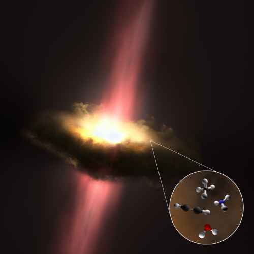 A dusty disc rotating around a massive newborn star that is glowing